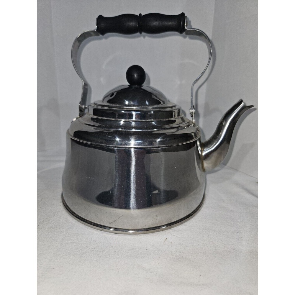 Brookfield Tea Kettle Black Handle 2 Quart Indonesia 18/10 Vintage
